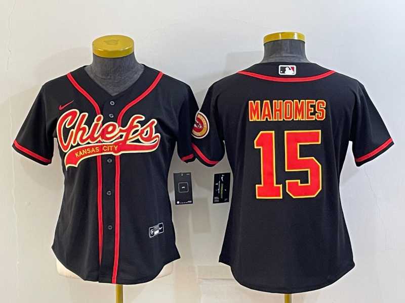Women%27s Kansas City Chiefs #15 Patrick Mahomes Black With Patch Cool Base Stitched Baseball Jersey